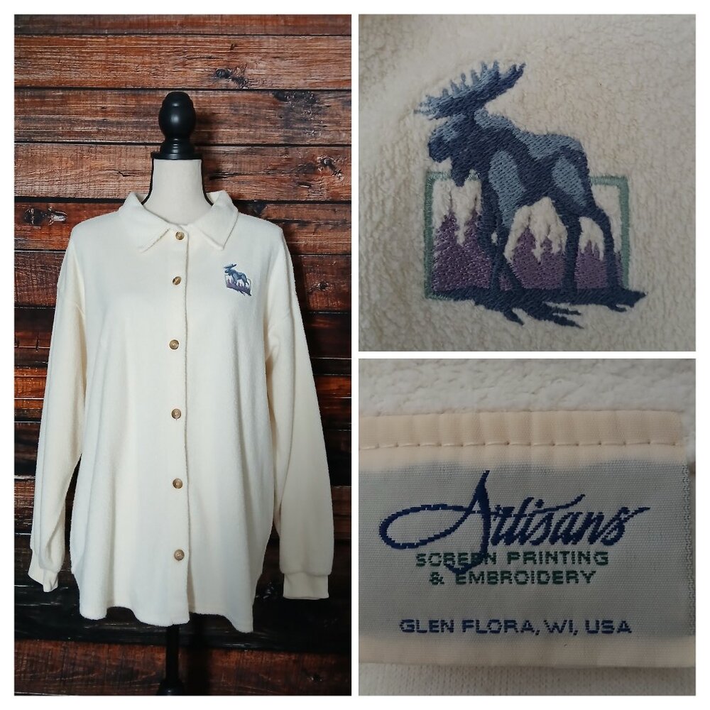 Artisans Vintage Top XL White Terry Fleece Embroidered Moose Button Up USA Made